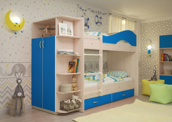 Кровать Мая двухъярусная с ящиками и шкафом Млечный дуб/Голубой в Тогучине - toguchin.mebel54.com | фото