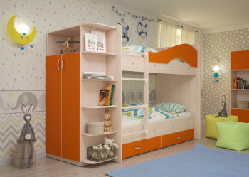 Кровать Мая двухъярусная с ящиками и шкафом Млечный дуб/Оранжевый в Тогучине - toguchin.mebel54.com | фото