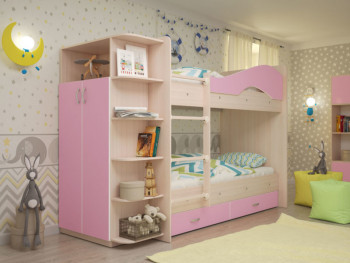 Кровать Мая двухъярусная с ящиками и шкафом Млечный дуб/Розовый в Тогучине - toguchin.mebel54.com | фото