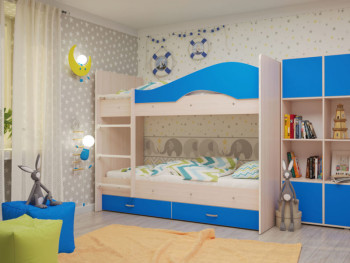 Кровать Мая двухъярусная с ящикамиМлечный дуб/Голубой в Тогучине - toguchin.mebel54.com | фото