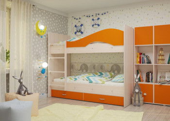 Кровать Мая двухъярусная с ящикамиМлечный дуб/Оранжевый в Тогучине - toguchin.mebel54.com | фото