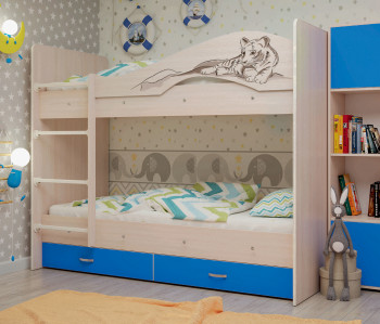 Кровать Мая-Сафари двухъярусная с ящикамиМлечный дуб/Голубой в Тогучине - toguchin.mebel54.com | фото