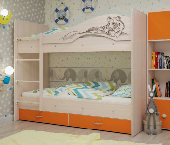 Кровать Мая-Сафари двухъярусная с ящикамиМлечный дуб/Оранжевый в Тогучине - toguchin.mebel54.com | фото