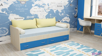 Кровать с выкатными ящиками Дуб молочный/Голубой в Тогучине - toguchin.mebel54.com | фото
