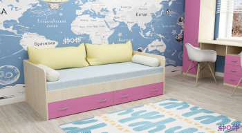 Кровать с выкатными ящиками Дуб Молочный/Розовый в Тогучине - toguchin.mebel54.com | фото