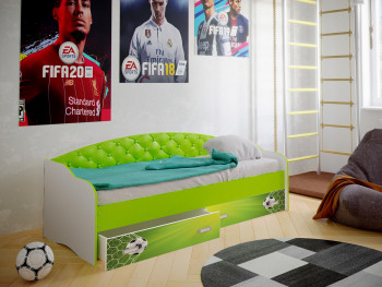 Кровать Софа-8 с мягкой спинкой фотопечать Футбол (900х1900) Белый/Лайм в Тогучине - toguchin.mebel54.com | фото